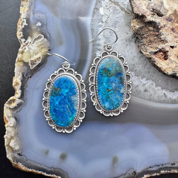 Sterling Silver Southwestern Style Oval Shattuckite Dangle Earrings For Women #1 - Picture 2 of 10